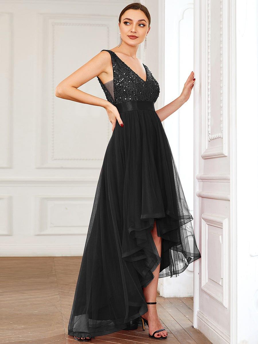 ever CALLIE|Sequin Bodice Tulle High-Low Evening Dress with Ribbon Waist