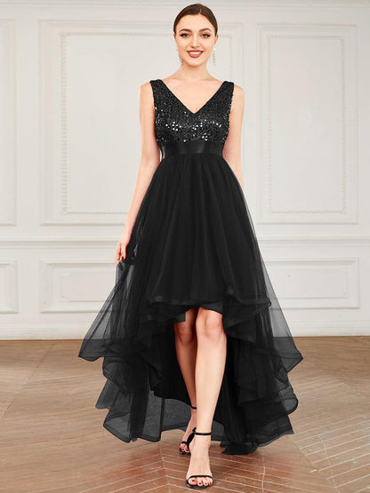 ever CALLIE|Sequin Bodice Tulle High-Low Evening Dress with Ribbon Waist