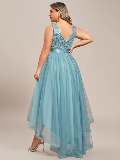 ever CALLIE|Sequin Bodice Tulle High-Low Evening Dress with Ribbon Waist