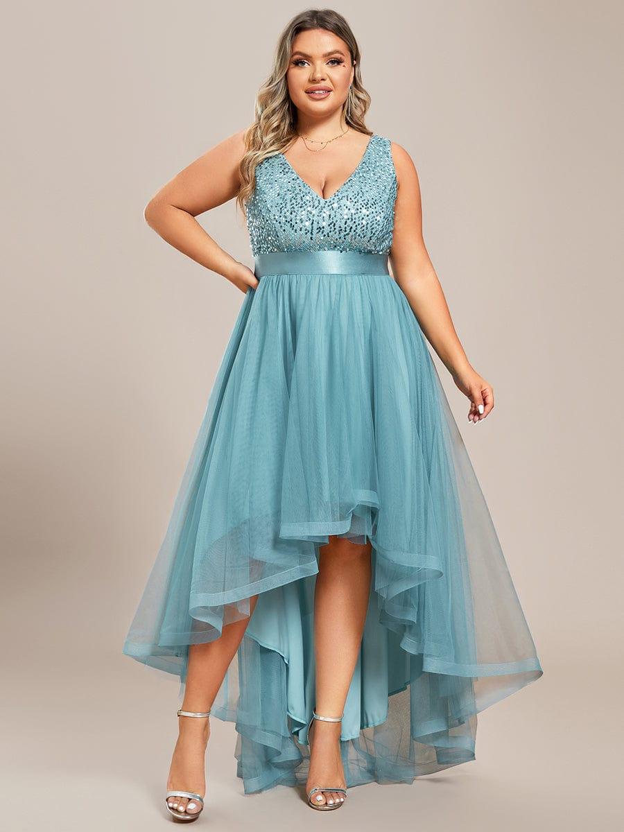 ever CALLIE|Sequin Bodice Tulle High-Low Evening Dress with Ribbon Waist