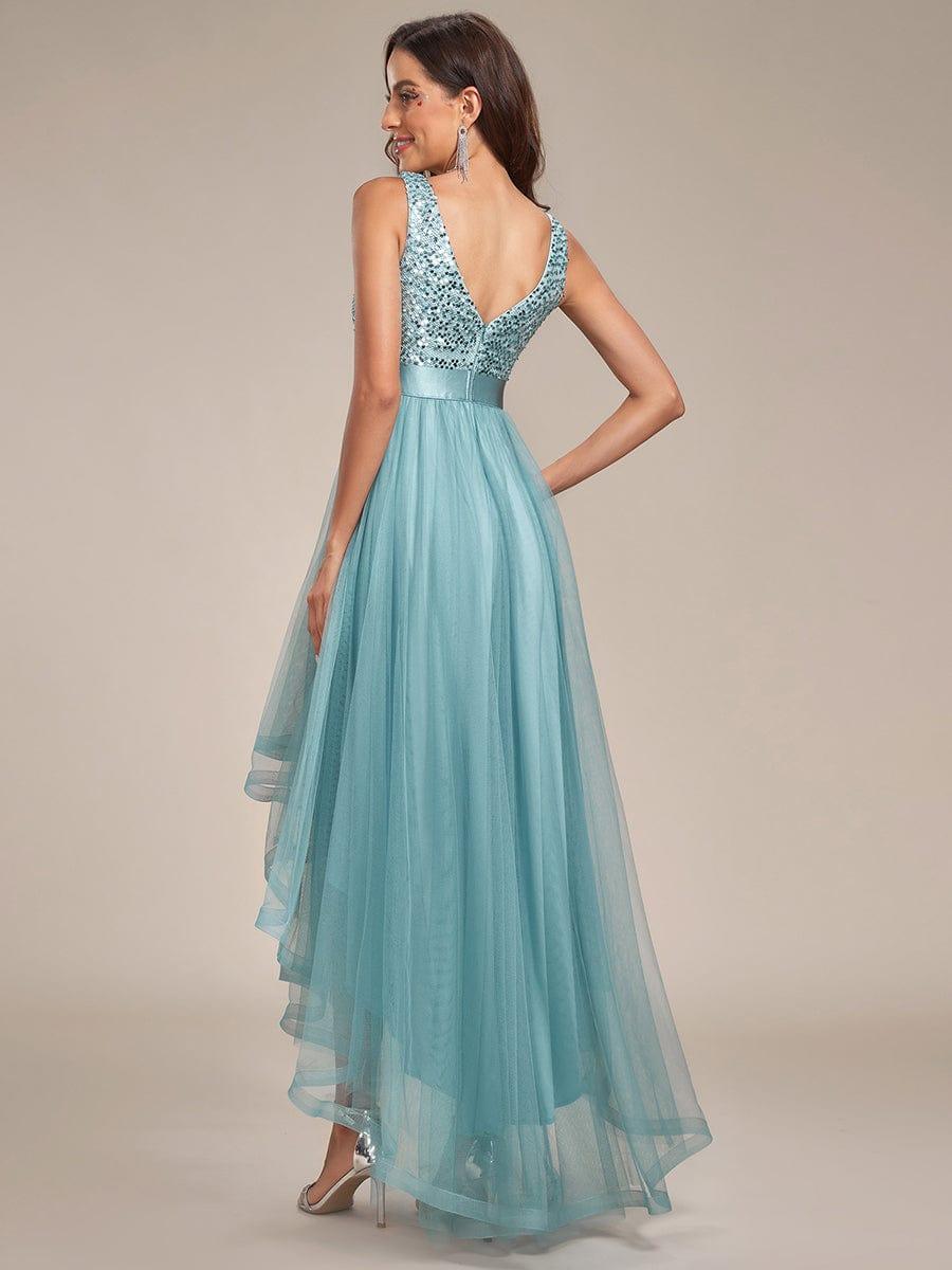 ever CALLIE|Sequin Bodice Tulle High-Low Evening Dress with Ribbon Waist