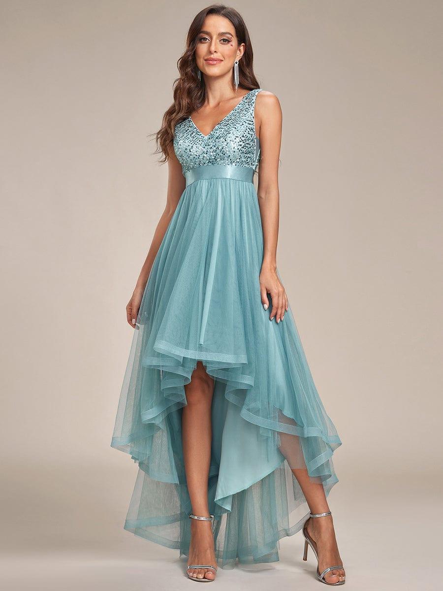 ever CALLIE|Sequin Bodice Tulle High-Low Evening Dress with Ribbon Waist