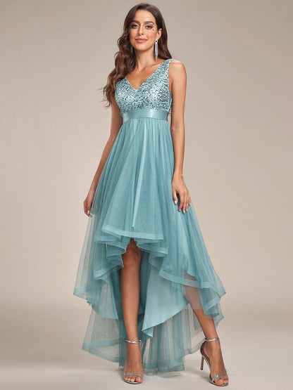ever CALLIE|Sequin Bodice Tulle High-Low Evening Dress with Ribbon Waist