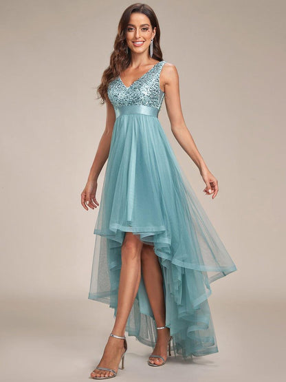ever CALLIE|Sequin Bodice Tulle High-Low Evening Dress with Ribbon Waist