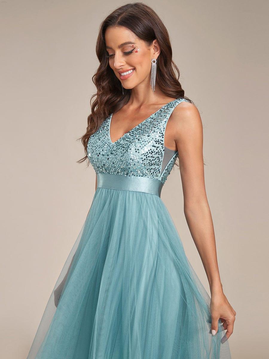 ever CALLIE|Sequin Bodice Tulle High-Low Evening Dress with Ribbon Waist