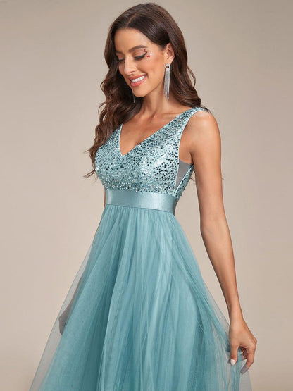 ever CALLIE|Sequin Bodice Tulle High-Low Evening Dress with Ribbon Waist