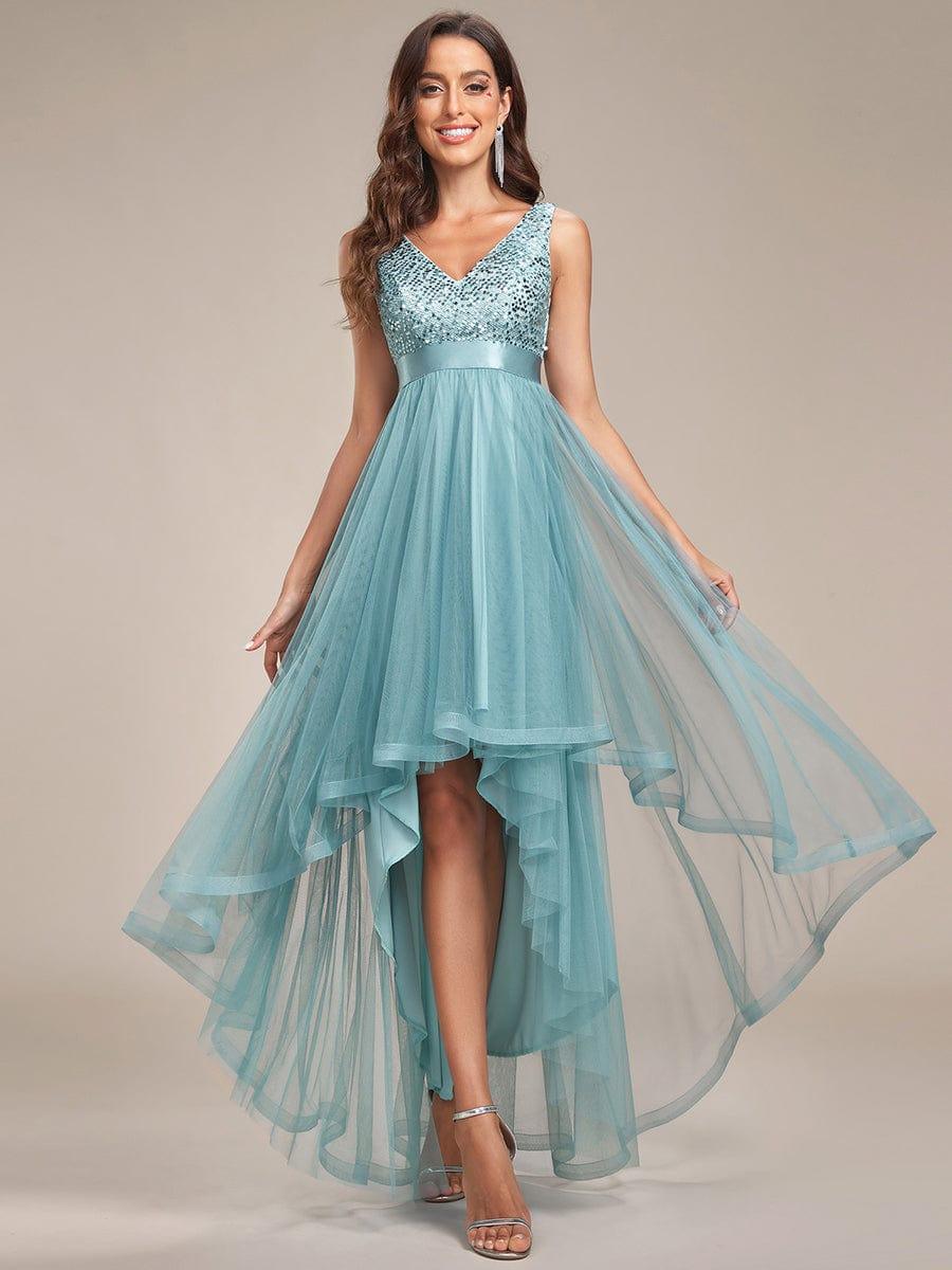 ever CALLIE|Sequin Bodice Tulle High-Low Evening Dress with Ribbon Waist
