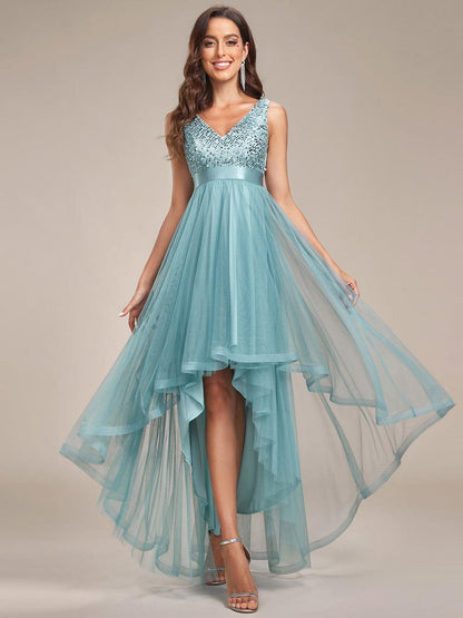 ever CALLIE|Sequin Bodice Tulle High-Low Evening Dress with Ribbon Waist