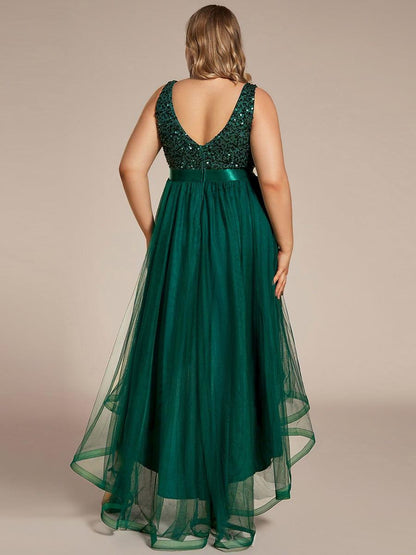 pretty CALLIE|Plus Size Sleeveless Sequin Ribbon Waist Tulle High Low Evening Dress
