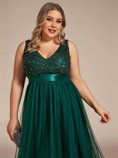 ever CALLIE|Sequin Bodice Tulle High-Low Evening Dress with Ribbon Waist