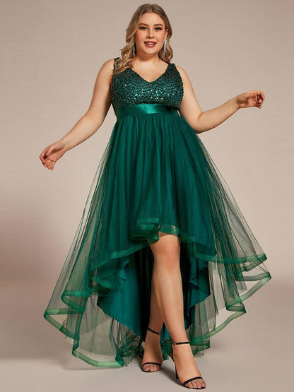 ever CALLIE|Sequin Bodice Tulle High-Low Evening Dress with Ribbon Waist