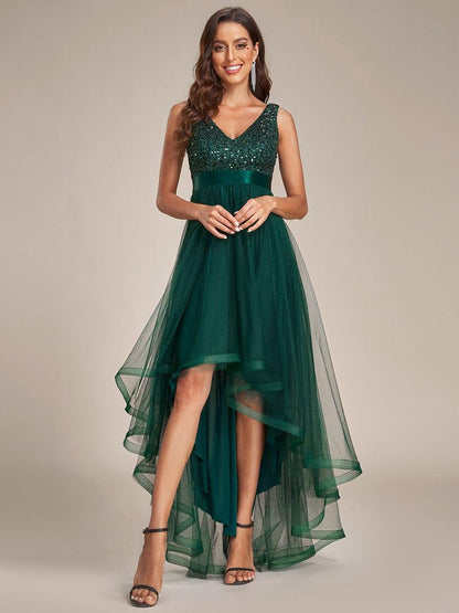ever CALLIE|Sequin Bodice Tulle High-Low Evening Dress with Ribbon Waist