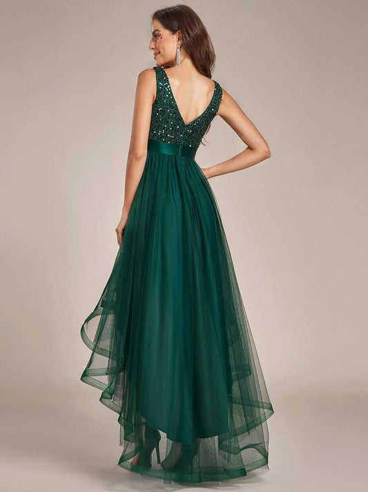 ever CALLIE|Sequin Bodice Tulle High-Low Evening Dress with Ribbon Waist