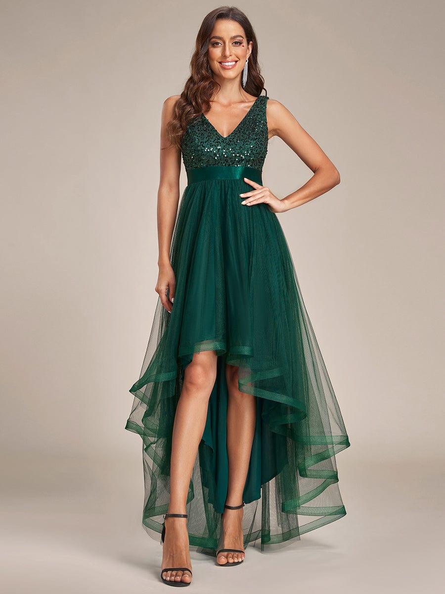ever CALLIE|Sequin Bodice Tulle High-Low Evening Dress with Ribbon Waist