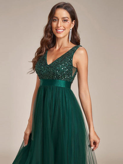 ever CALLIE|Sequin Bodice Tulle High-Low Evening Dress with Ribbon Waist