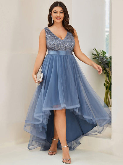 ever CALLIE|Sequin Bodice Tulle High-Low Evening Dress with Ribbon Waist