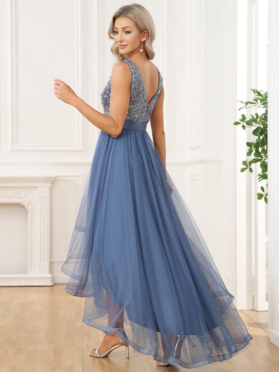 ever CALLIE|Sequin Bodice Tulle High-Low Evening Dress with Ribbon Waist