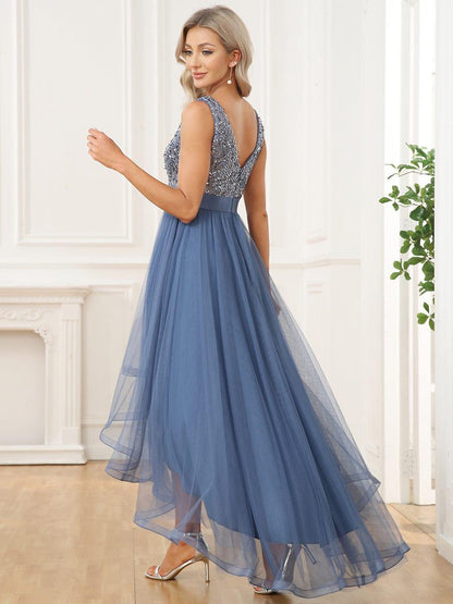 ever CALLIE|Sequin Bodice Tulle High-Low Evening Dress with Ribbon Waist