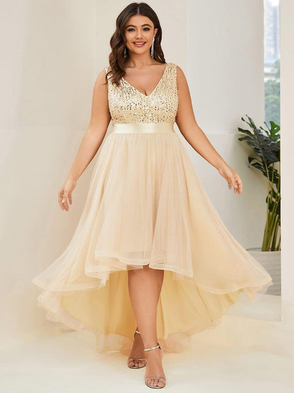 ever CALLIE|Sequin Bodice Tulle High-Low Evening Dress with Ribbon Waist