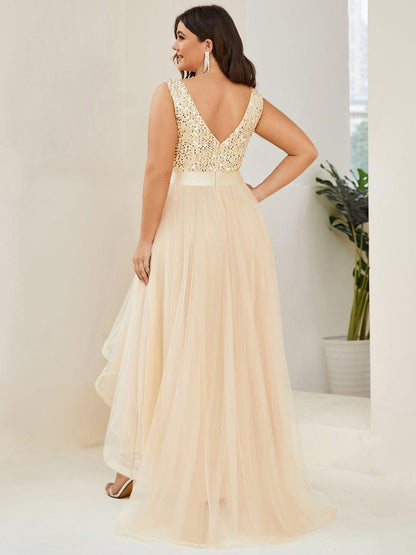 ever CALLIE|Sequin Bodice Tulle High-Low Evening Dress with Ribbon Waist