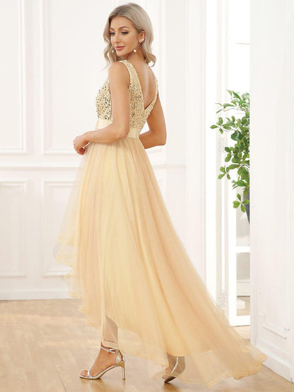 ever CALLIE|Sequin Bodice Tulle High-Low Evening Dress with Ribbon Waist