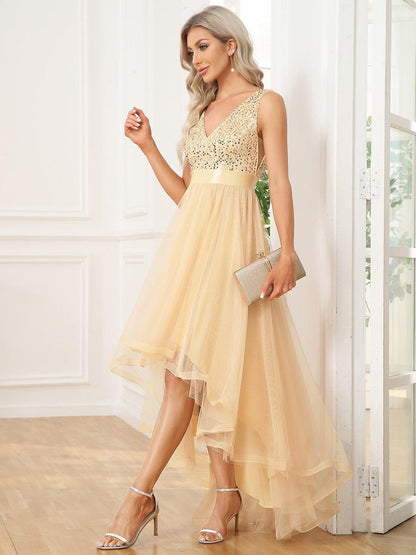 ever CALLIE|Sequin Bodice Tulle High-Low Evening Dress with Ribbon Waist