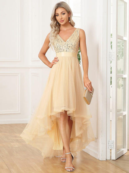 ever CALLIE|Sequin Bodice Tulle High-Low Evening Dress with Ribbon Waist