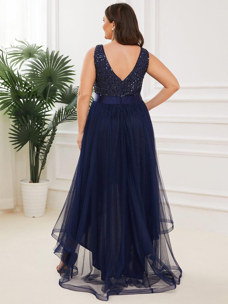 ever CALLIE|Sequin Bodice Tulle High-Low Evening Dress with Ribbon Waist
