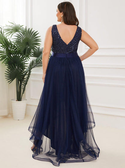 ever CALLIE|Sequin Bodice Tulle High-Low Evening Dress with Ribbon Waist