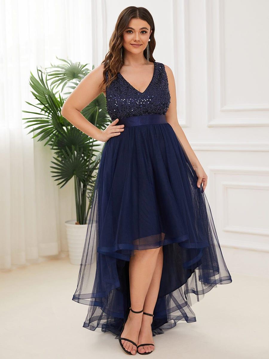ever CALLIE|Sequin Bodice Tulle High-Low Evening Dress with Ribbon Waist