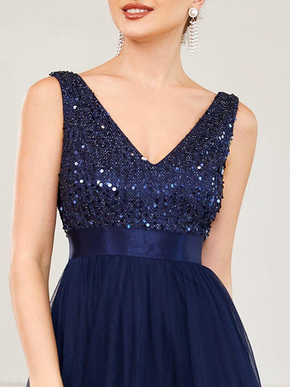 ever CALLIE|Sequin Bodice Tulle High-Low Evening Dress with Ribbon Waist