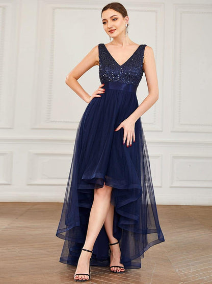 ever CALLIE|Sequin Bodice Tulle High-Low Evening Dress with Ribbon Waist