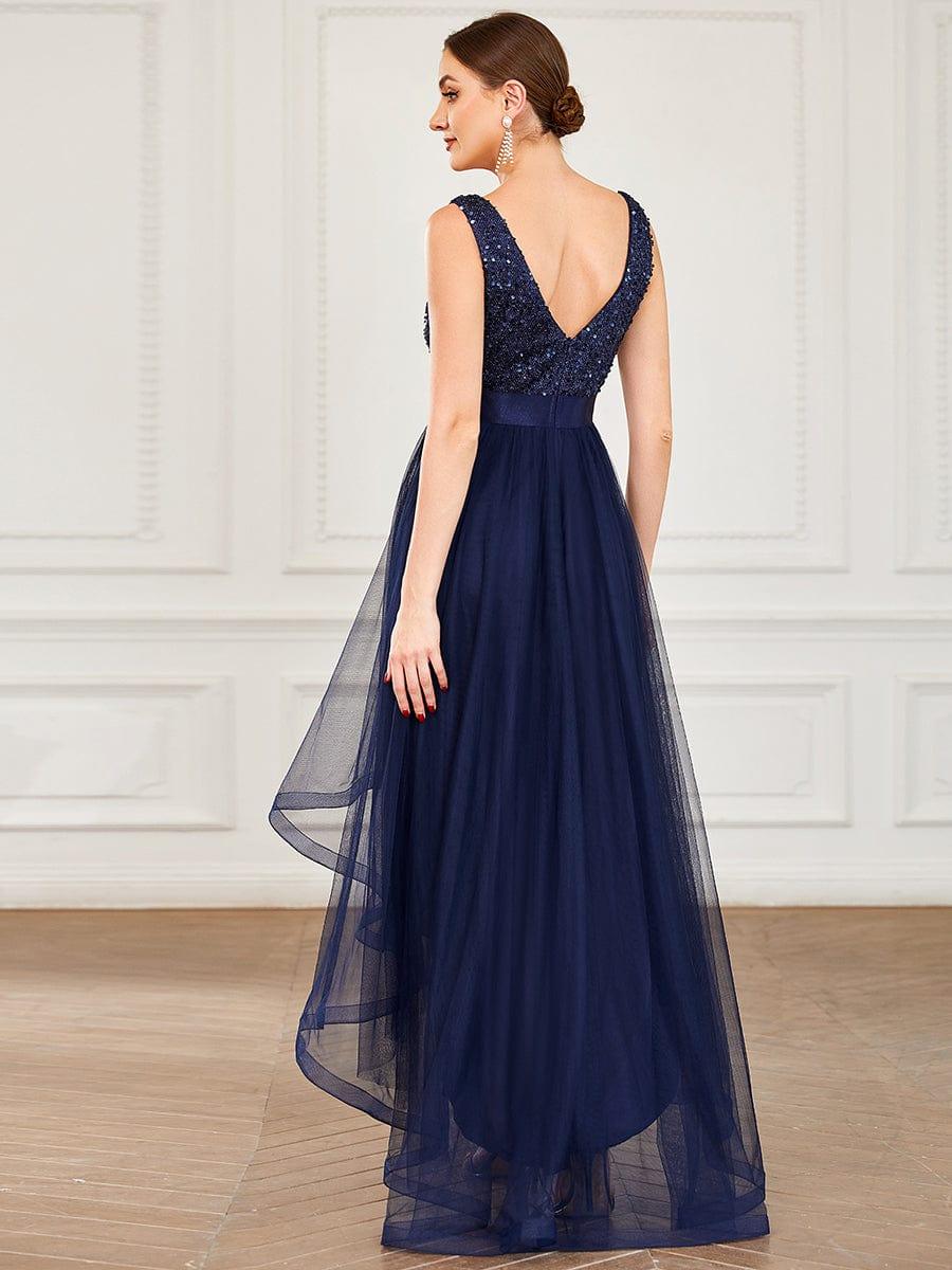 ever CALLIE|Sequin Bodice Tulle High-Low Evening Dress with Ribbon Waist