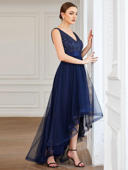 ever CALLIE|Sequin Bodice Tulle High-Low Evening Dress with Ribbon Waist