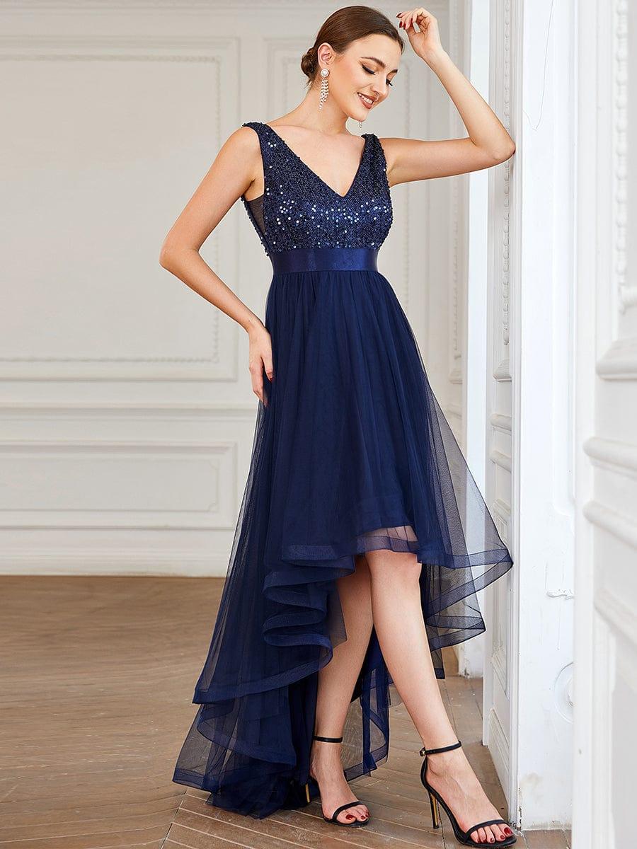 ever CALLIE|Sequin Bodice Tulle High-Low Evening Dress with Ribbon Waist