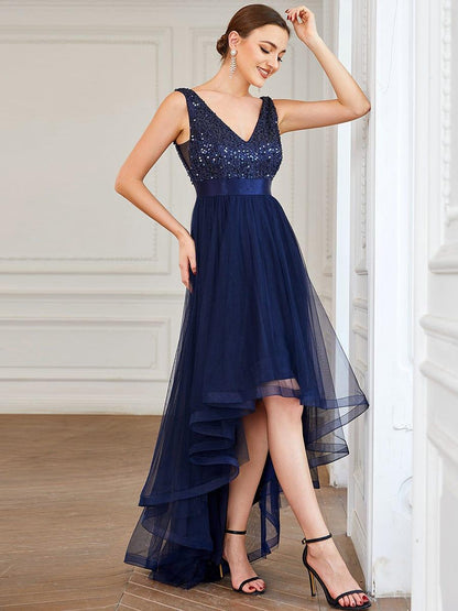 ever CALLIE|Sequin Bodice Tulle High-Low Evening Dress with Ribbon Waist