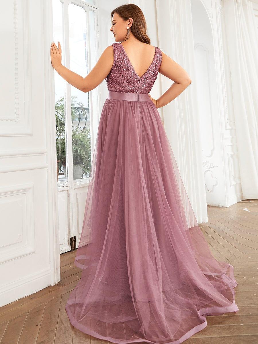 ever CALLIE|Sequin Bodice Tulle High-Low Evening Dress with Ribbon Waist