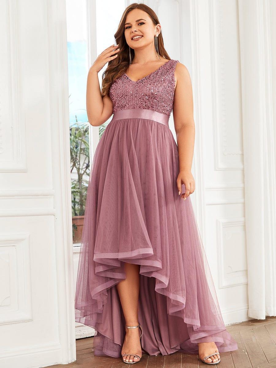 ever CALLIE|Sequin Bodice Tulle High-Low Evening Dress with Ribbon Waist