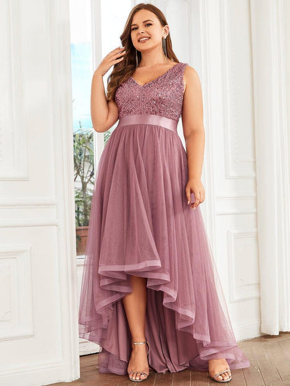 ever CALLIE|Sequin Bodice Tulle High-Low Evening Dress with Ribbon Waist