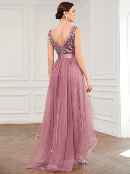 ever CALLIE|Sequin Bodice Tulle High-Low Evening Dress with Ribbon Waist