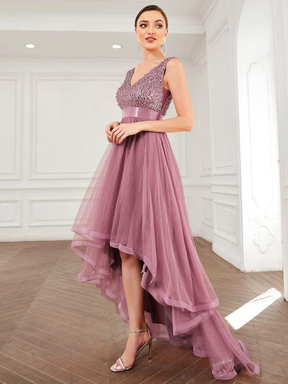 ever CALLIE|Sequin Bodice Tulle High-Low Evening Dress with Ribbon Waist