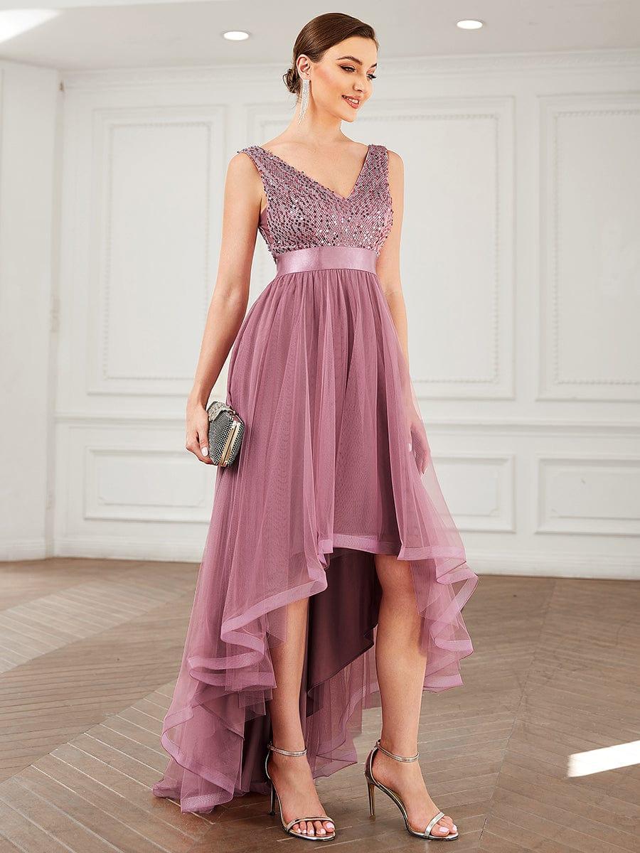 ever CALLIE|Sequin Bodice Tulle High-Low Evening Dress with Ribbon Waist