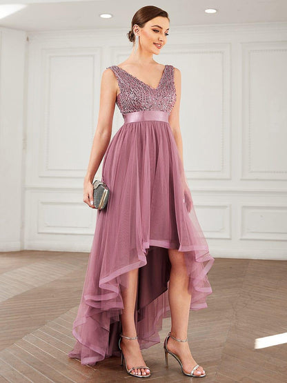 ever CALLIE|Sequin Bodice Tulle High-Low Evening Dress with Ribbon Waist