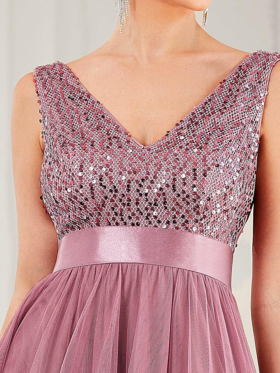 ever CALLIE|Sequin Bodice Tulle High-Low Evening Dress with Ribbon Waist