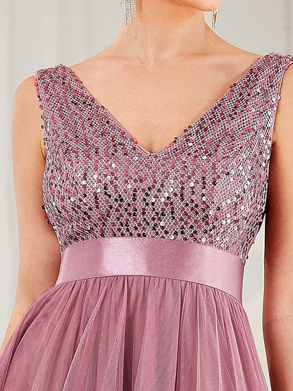 ever CALLIE|Sequin Bodice Tulle High-Low Evening Dress with Ribbon Waist