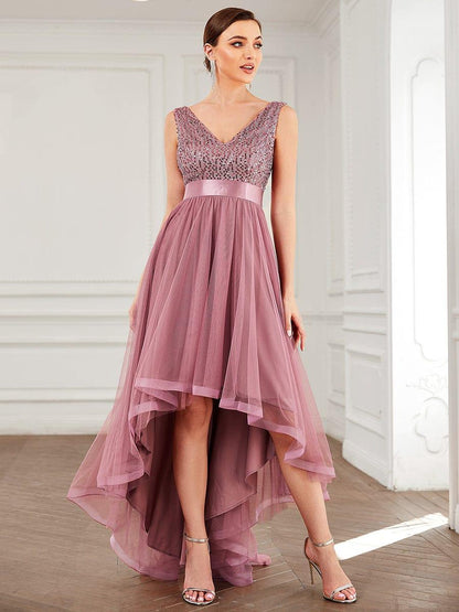 ever CALLIE|Sequin Bodice Tulle High-Low Evening Dress with Ribbon Waist