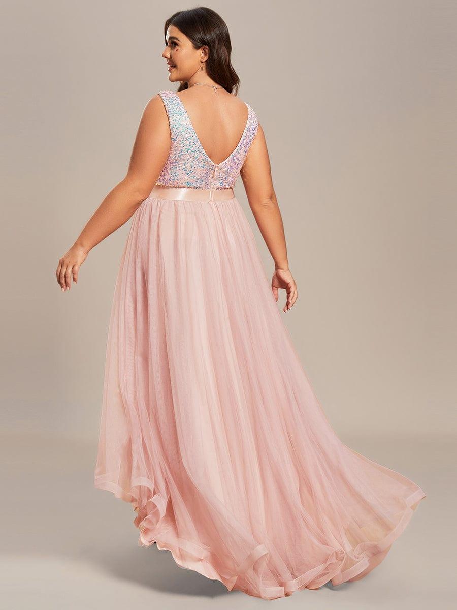 ever CALLIE|Sequin Bodice Tulle High-Low Evening Dress with Ribbon Waist