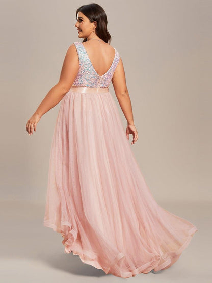ever CALLIE|Sequin Bodice Tulle High-Low Evening Dress with Ribbon Waist
