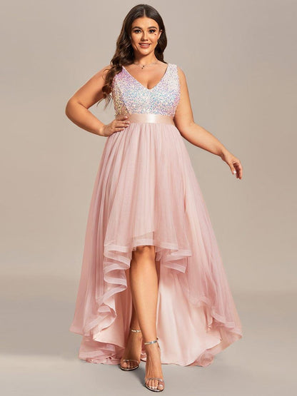 ever CALLIE|Sequin Bodice Tulle High-Low Evening Dress with Ribbon Waist