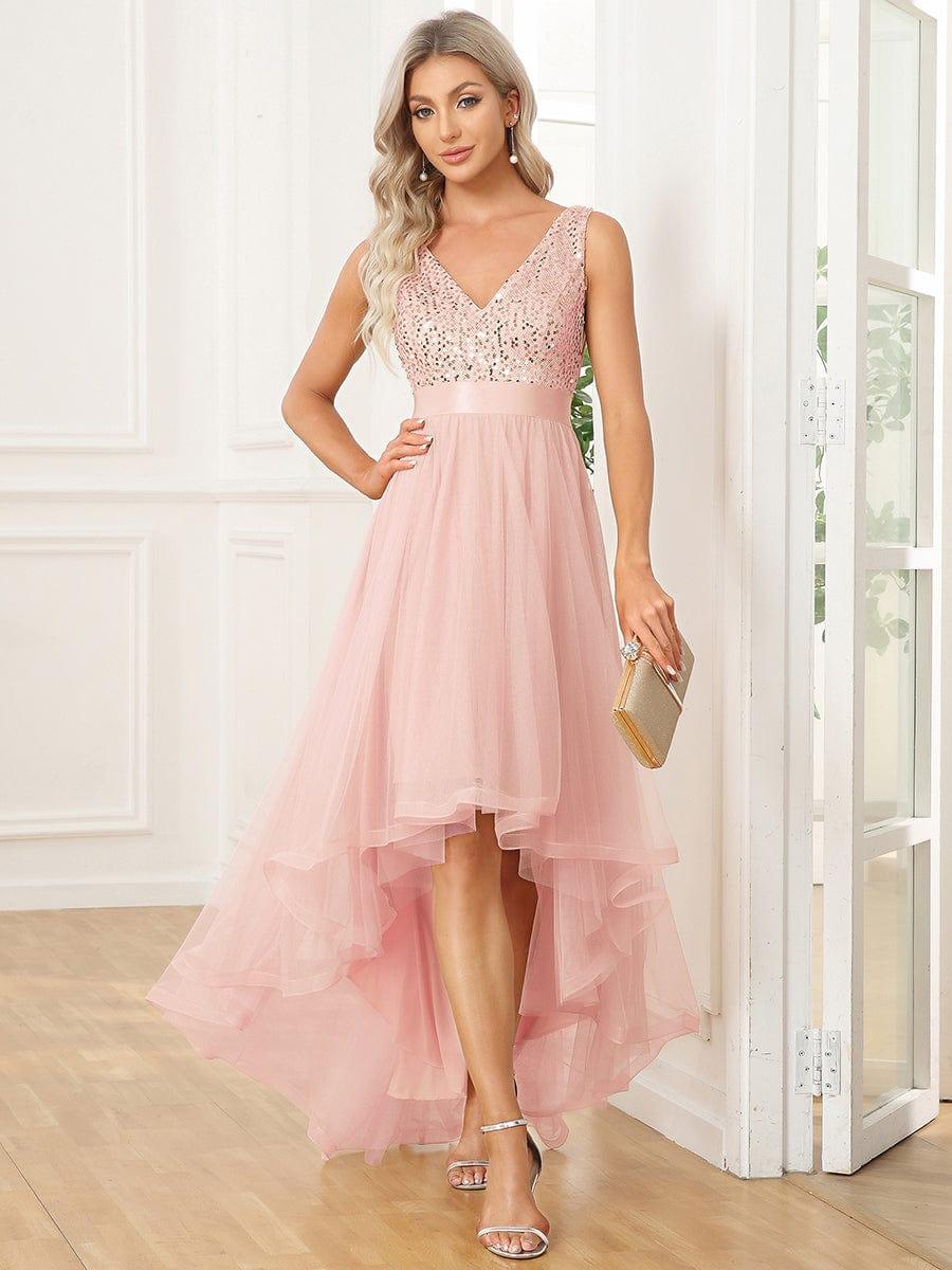 ever CALLIE|Sequin Bodice Tulle High-Low Evening Dress with Ribbon Waist
